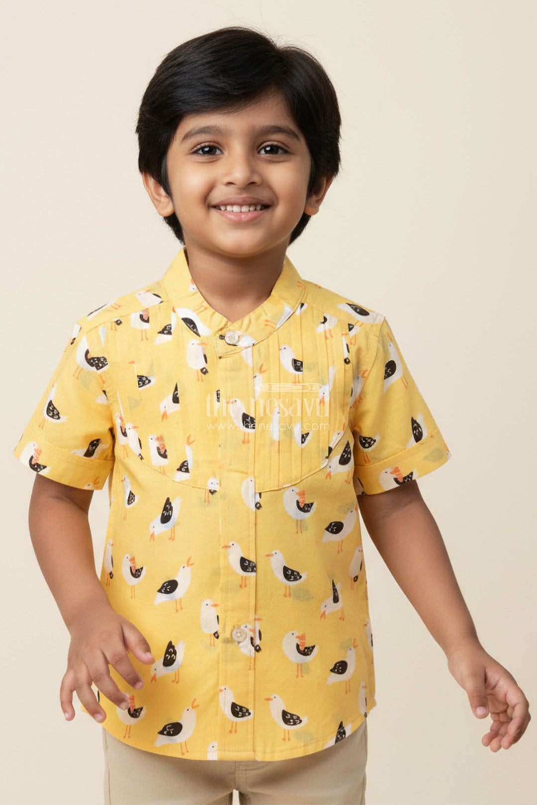 The Nesavu Boys Cotton Shirt Yellow Bird Print Boys Cotton Shirt with Mandarin Collar Lightweight & Stylish Nesavu 16 (1Y) / Yellow BS272A-16 Nesavu Boys Bird Print Cotton Shirt Daily Wear Pleated Front Comfortable Mandarin Collar