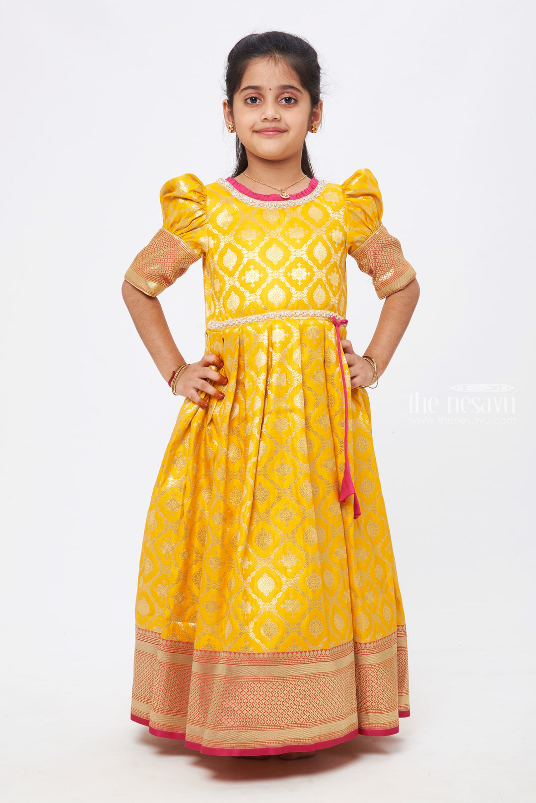 The Nesavu Silk Gown Yellow Blossom: Zari Floral Pleated Banarasi Silk Gown for Girls Nesavu 16 (1Y) / Yellow / Jacquard GA155D-16 Anarkali Festive and Casual Wear | Kid’s Stylish Anarkali Dress | The Nesavu