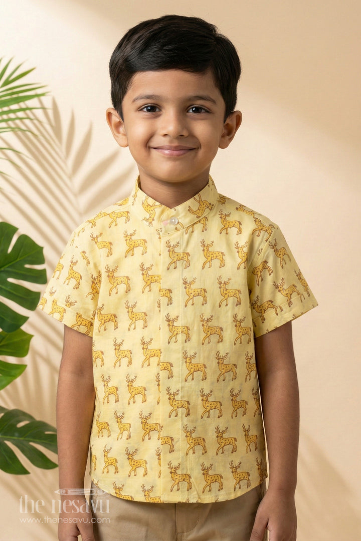 The Nesavu Boys Cotton Shirt Yellow Boys Cotton Shirt with Deer Print Half Sleeves Comfortable Summer Wear Nesavu 16 (1Y) / Yellow BS201A-16 Yellow Deer Print Boys Cotton Shirt Nesavu Half Sleeves Summer Wear Casual Outings