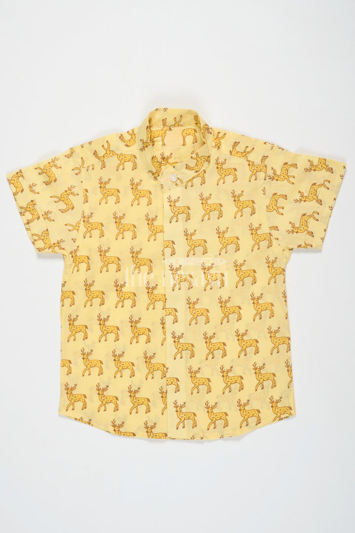 The Nesavu Boys Cotton Shirt Yellow Boys Cotton Shirt with Deer Print Half Sleeves Comfortable Summer Wear Nesavu 16 (1Y) / Yellow BS201A-16 Yellow Deer Print Boys Cotton Shirt Nesavu Half Sleeves Summer Wear Casual Outings