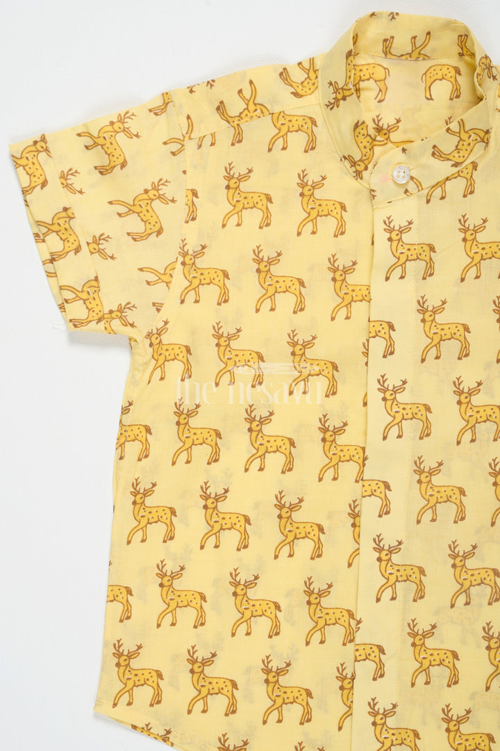 The Nesavu Boys Cotton Shirt Yellow Boys Cotton Shirt with Deer Print Half Sleeves Comfortable Summer Wear Nesavu Yellow Deer Print Boys Cotton Shirt Nesavu Half Sleeves Summer Wear Casual Outings