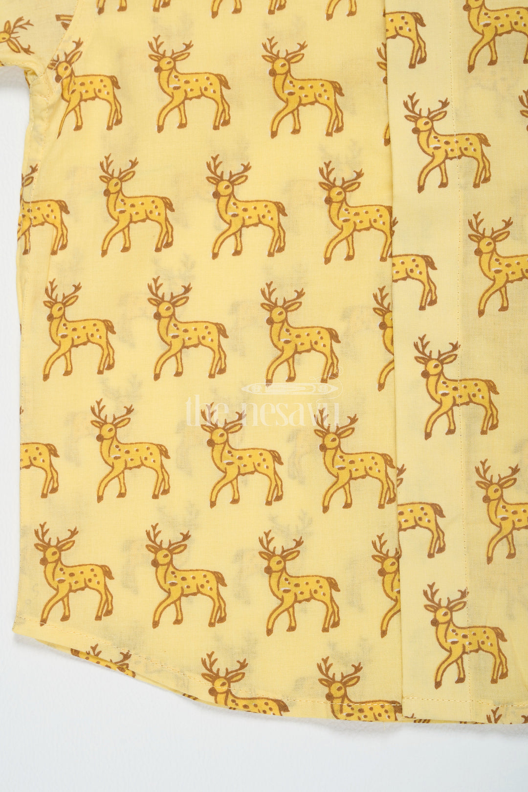 The Nesavu Boys Cotton Shirt Yellow Boys Cotton Shirt with Deer Print Half Sleeves Comfortable Summer Wear Nesavu Yellow Deer Print Boys Cotton Shirt Nesavu Half Sleeves Summer Wear Casual Outings