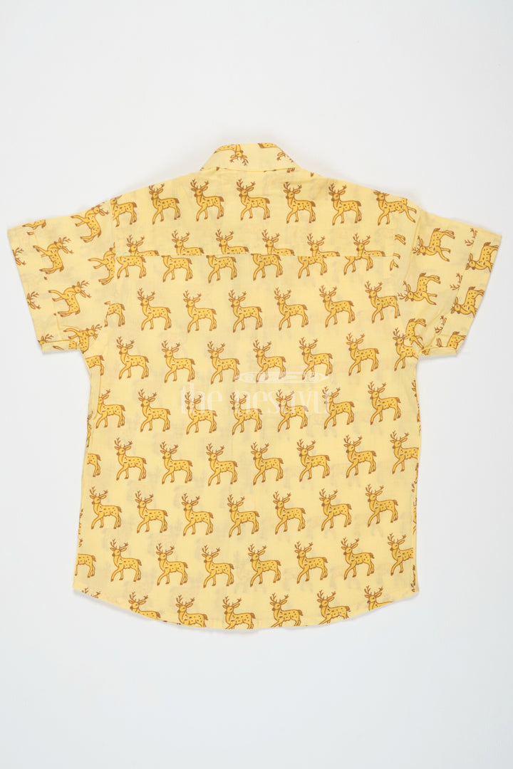 The Nesavu Boys Cotton Shirt Yellow Boys Cotton Shirt with Deer Print Half Sleeves Comfortable Summer Wear Nesavu Yellow Deer Print Boys Cotton Shirt Nesavu Half Sleeves Summer Wear Casual Outings