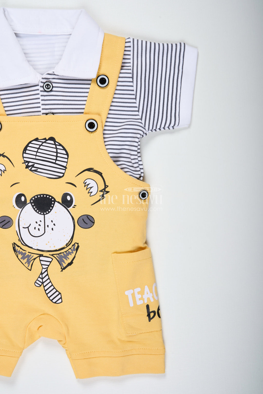 The Nesavu Boys Casual Set Yellow Casual Dress Outfit for Boys with Cotton Animal Digital Print and Playful Dungaree Style Nesavu Nesavu Yellow Cotton Boys Casual Dress Outfit Animal Print Dungaree Set