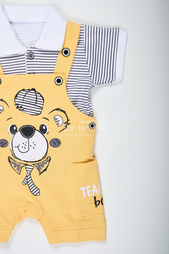 The Nesavu Boys Casual Set Yellow Casual Dress Outfit for Boys with Cotton Animal Digital Print and Playful Dungaree Style Nesavu Nesavu Yellow Cotton Boys Casual Dress Outfit Animal Print Dungaree Set