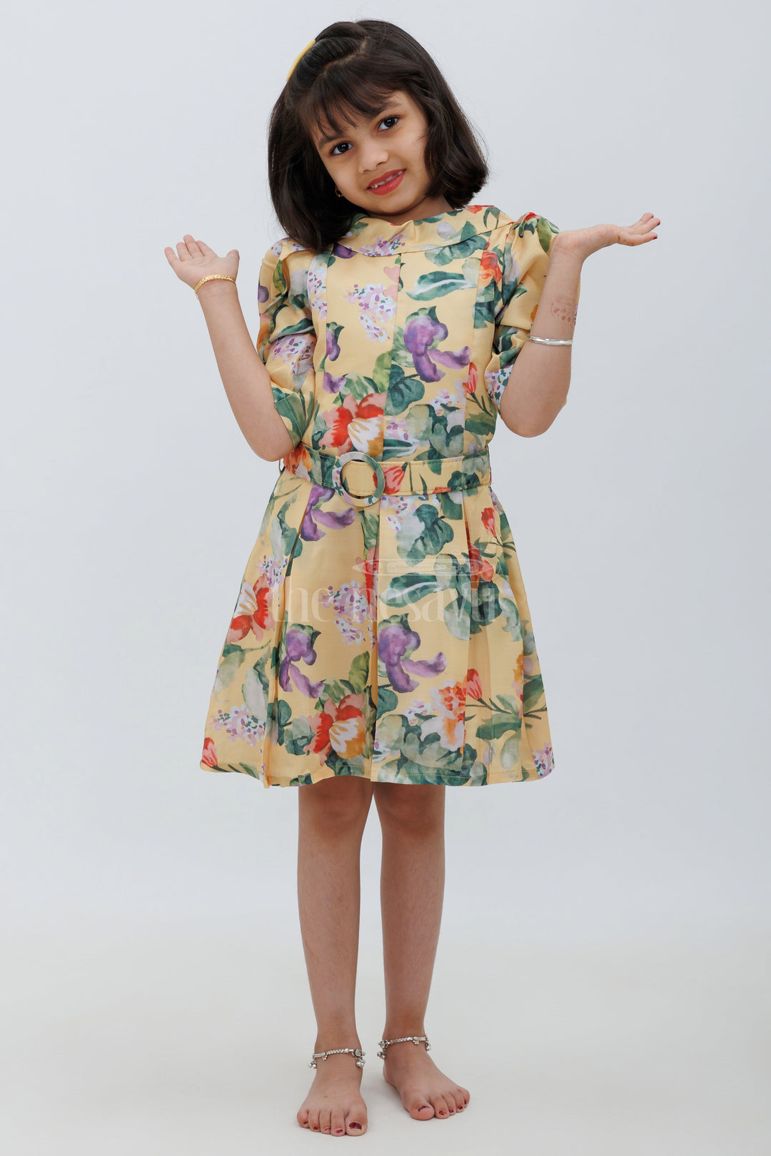 The Nesavu Girls Fancy Frock Yellow Chanderi Cotton Floral Frock for Girls Nesavu 22 (4Y) / Yellow GFC1382B-22 Yellow Chanderi Cotton Floral Frock for Girls - Nesavu