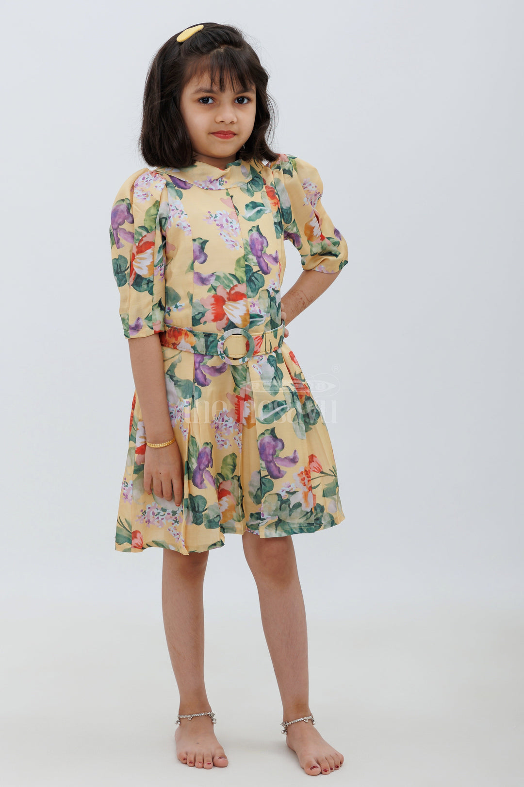 The Nesavu Girls Fancy Frock Yellow Chanderi Cotton Floral Frock for Girls Nesavu Yellow Chanderi Cotton Floral Frock for Girls - Nesavu