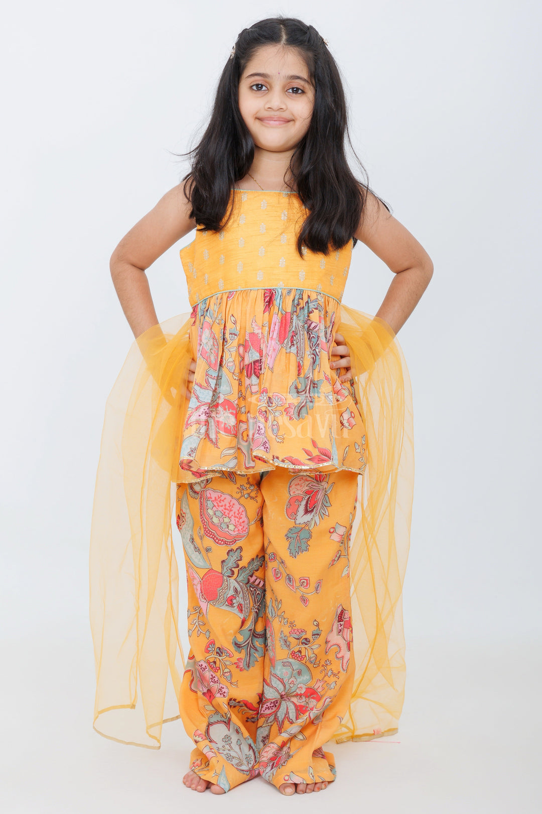 The Nesavu Girls Sharara / Plazo Set Yellow Chanderi Plaza Girls Sharara Set with Floral Print and Pleated Peplum Top Nesavu 16 (1Y) / Yellow GPS440B-16 Nesavu Yellow Chanderi Peplum Sharara Set Girls Floral Print Festive Occasions