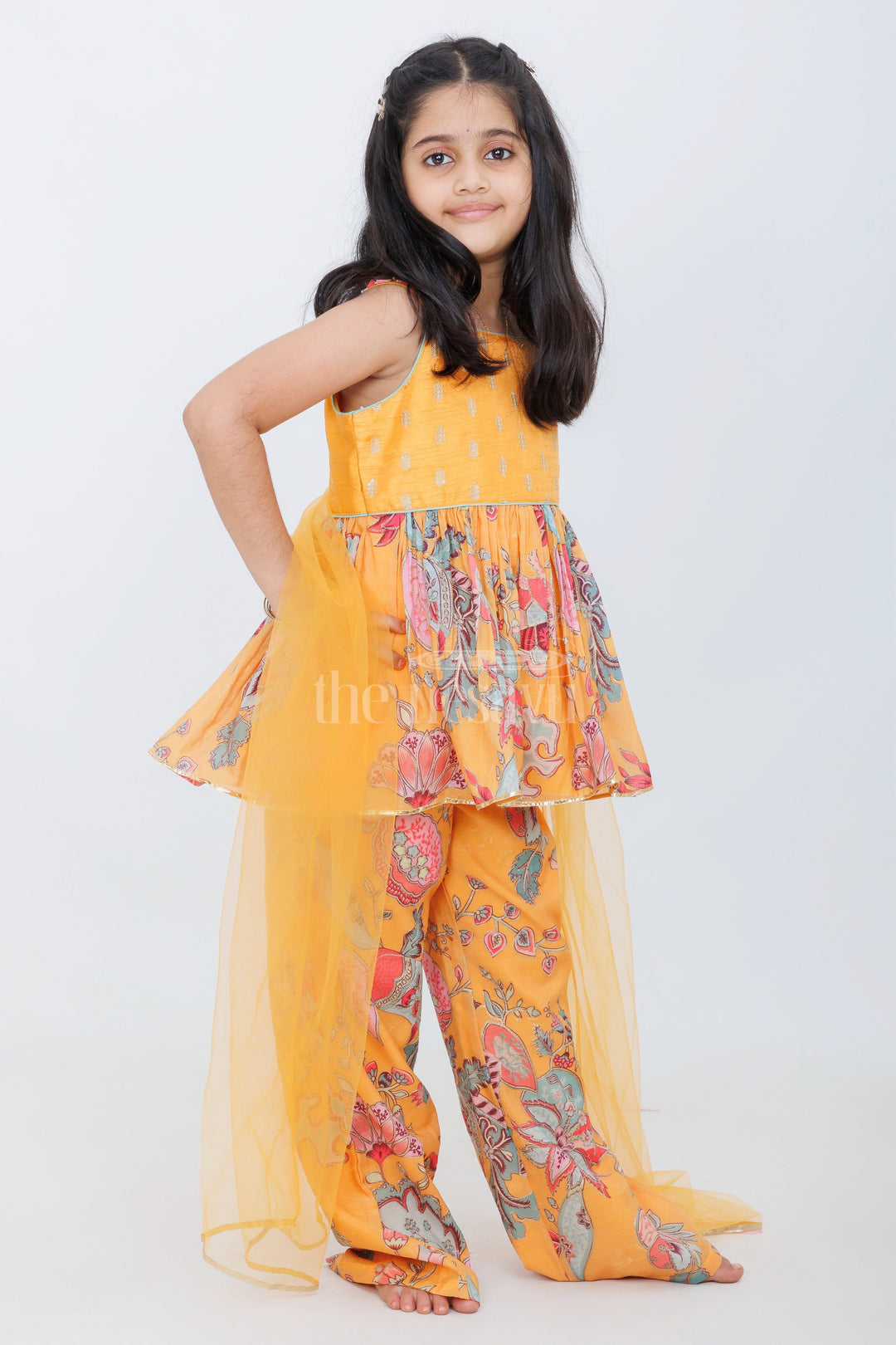 The Nesavu Girls Sharara / Plazo Set Yellow Chanderi Plaza Girls Sharara Set with Floral Print and Pleated Peplum Top Nesavu Nesavu Yellow Chanderi Peplum Sharara Set Girls Floral Print Festive Occasions