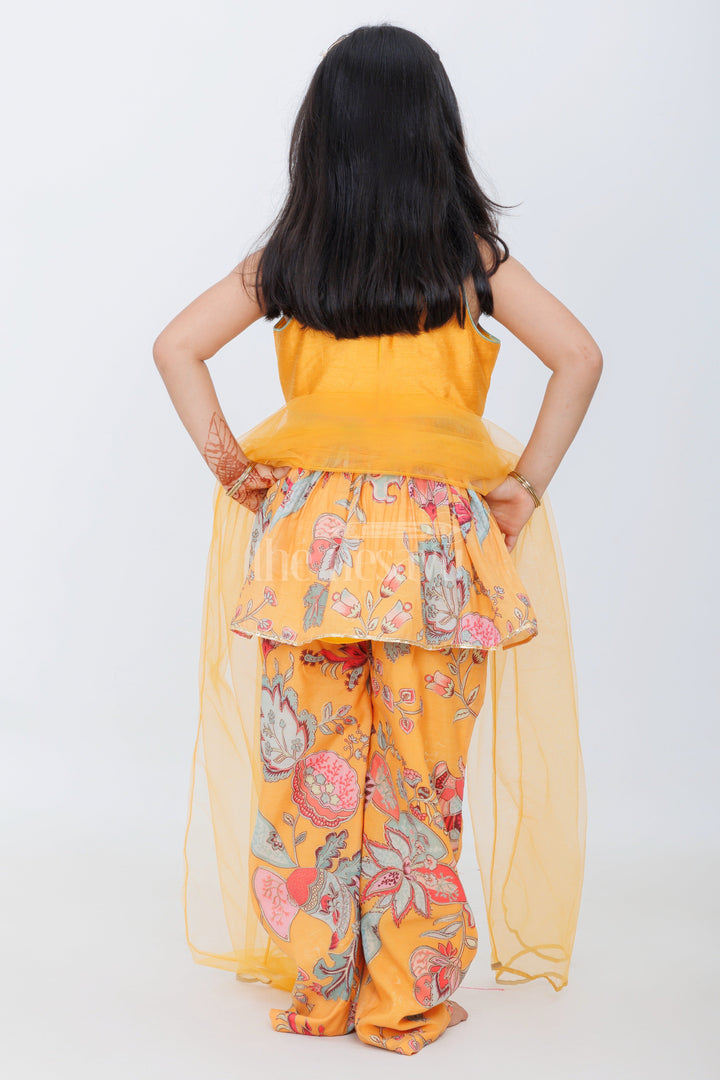 The Nesavu Girls Sharara / Plazo Set Yellow Chanderi Plaza Girls Sharara Set with Floral Print and Pleated Peplum Top Nesavu Nesavu Yellow Chanderi Peplum Sharara Set Girls Floral Print Festive Occasions