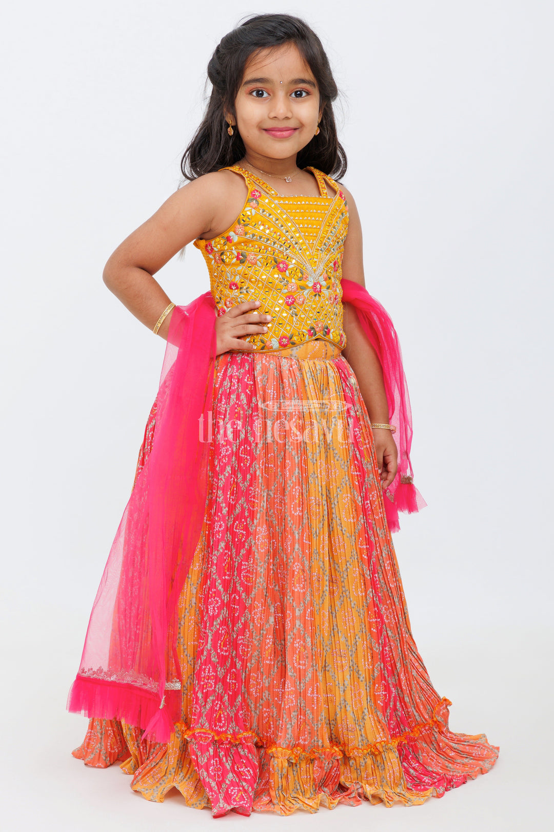 The Nesavu Girls Lehenga Choli Yellow Chinon Silk Bandhani Print Lehenga Choli with Designer Blouse and Dupatta for Girls Nesavu 16 (1Y) / Yellow GL482A-16 Yellow Chinon Silk Bandhani Print Lehenga Choli with Designer Blouse for Girls Nesavu