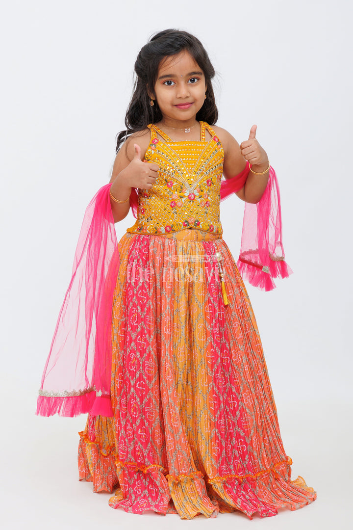 The Nesavu Girls Lehenga Choli Yellow Chinon Silk Bandhani Print Lehenga Choli with Designer Blouse and Dupatta for Girls Nesavu Yellow Chinon Silk Bandhani Print Lehenga Choli with Designer Blouse for Girls Nesavu