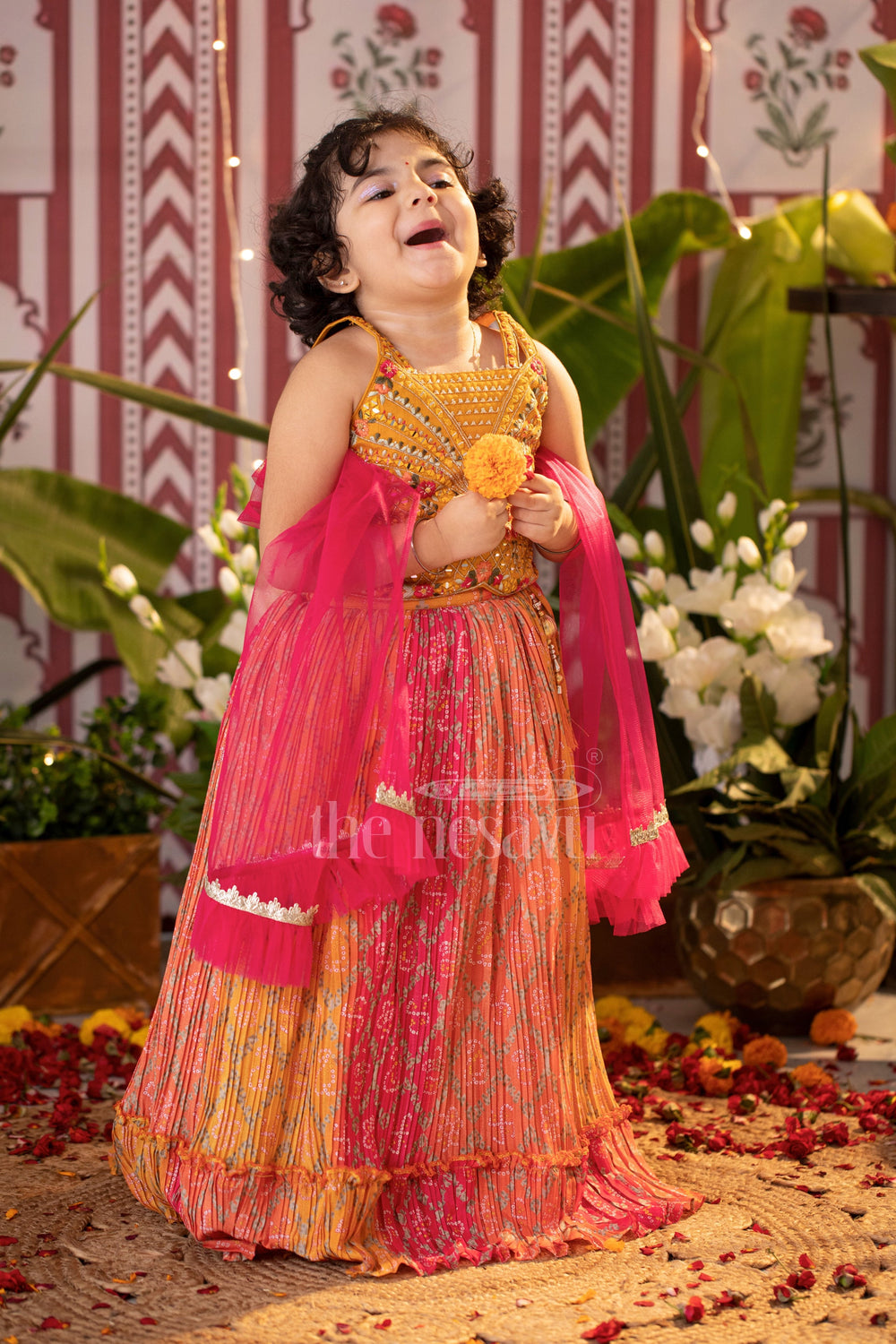 The Nesavu Girls Lehenga Choli Yellow Chinon Silk Bandhani Print Lehenga Choli with Designer Blouse and Dupatta for Girls Nesavu Yellow Chinon Silk Bandhani Print Lehenga Choli with Designer Blouse for Girls Nesavu