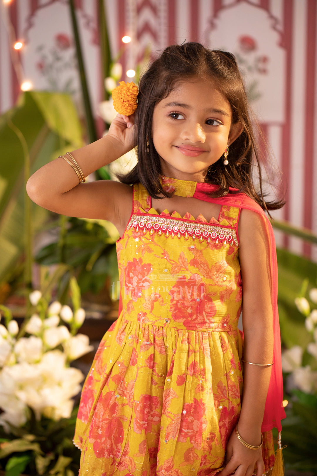 The Nesavu Girls Dothi Sets Yellow Chinon Silk Printed Peplum Top and Dhoti Set for Girls with Sequin and Mirror Detailing Nesavu Yellow Chinon Silk Printed Peplum Top and Dhoti Set for Girls with Sequin and Mirror Detailing Nesavu