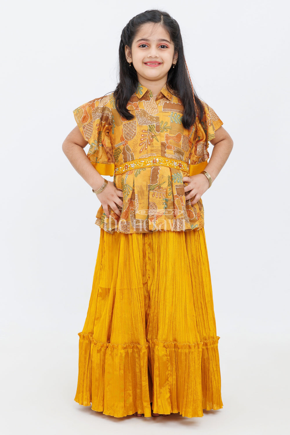 The Nesavu Girls Party Gown Yellow Chinon Silk Printed TwoPiece Look Party Gown for Girls Nesavu Yellow Chinon Silk Printed Two-Piece Look Party Gown for Girls Nesavu