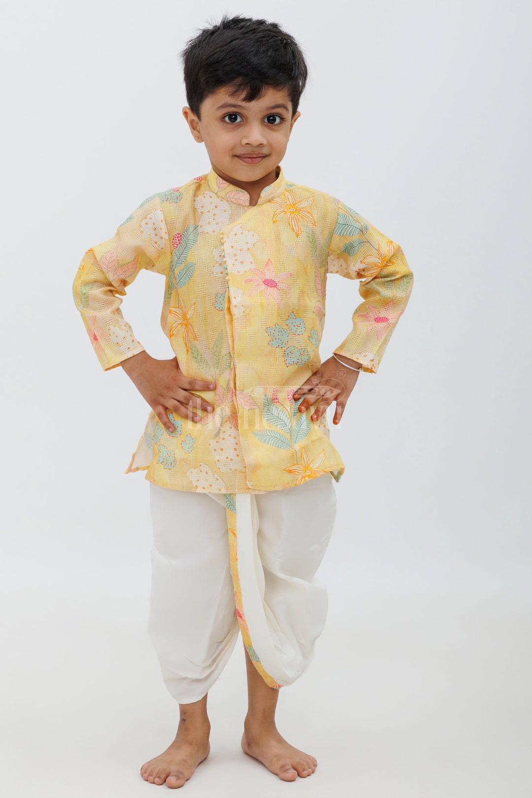 The Nesavu Boys Dothi Set Yellow Cotton Digital Print Kurta and Dhoti Set for Boys Nesavu 12 (3M) / Yellow BES565C-12 Yellow Cotton Digital Print Boys Kurta and Dhoti Set - Nesavu