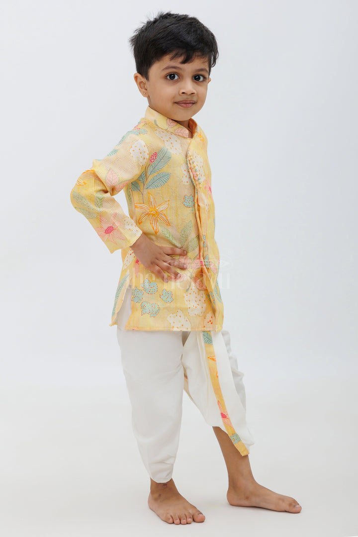 The Nesavu Boys Dothi Set Yellow Cotton Digital Print Kurta and Dhoti Set for Boys Nesavu Yellow Cotton Digital Print Boys Kurta and Dhoti Set - Nesavu