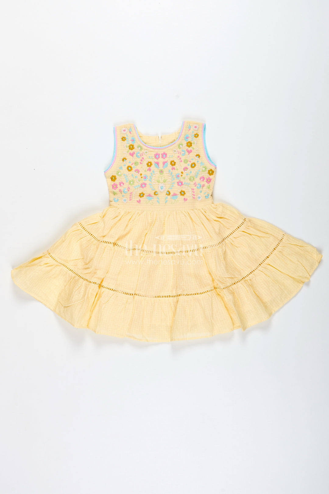 The Nesavu Girls Cotton Frock Yellow Cotton Frock for Toddler Girls with Floral Embroidery Nesavu 20 (3Y) / Yellow GFC1909A-20 Nesavu Yellow Cotton Frock Toddler Girls Sleeveless Dobby Dress Floral Embroidery