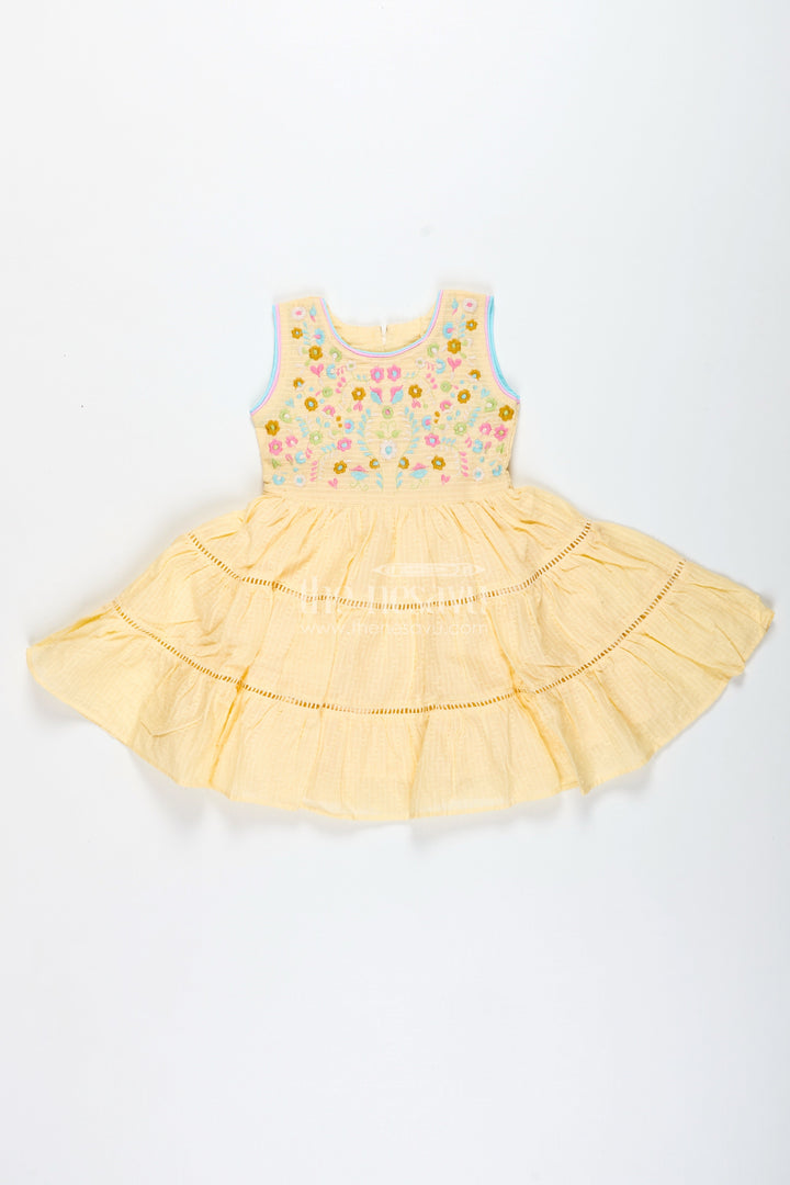 The Nesavu Girls Cotton Frock Yellow Cotton Frock for Toddler Girls with Floral Embroidery Nesavu 20 (3Y) / Yellow GFC1909A-20 Nesavu Yellow Cotton Frock Toddler Girls Sleeveless Dobby Dress Floral Embroidery