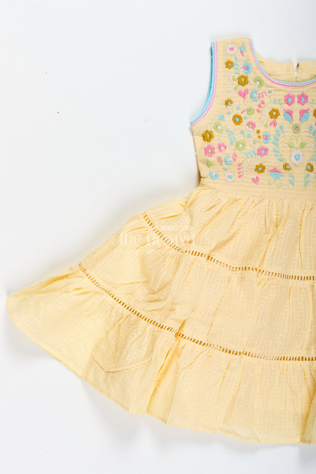 The Nesavu Girls Cotton Frock Yellow Cotton Frock for Toddler Girls with Floral Embroidery Nesavu Nesavu Yellow Cotton Frock Toddler Girls Sleeveless Dobby Dress Floral Embroidery