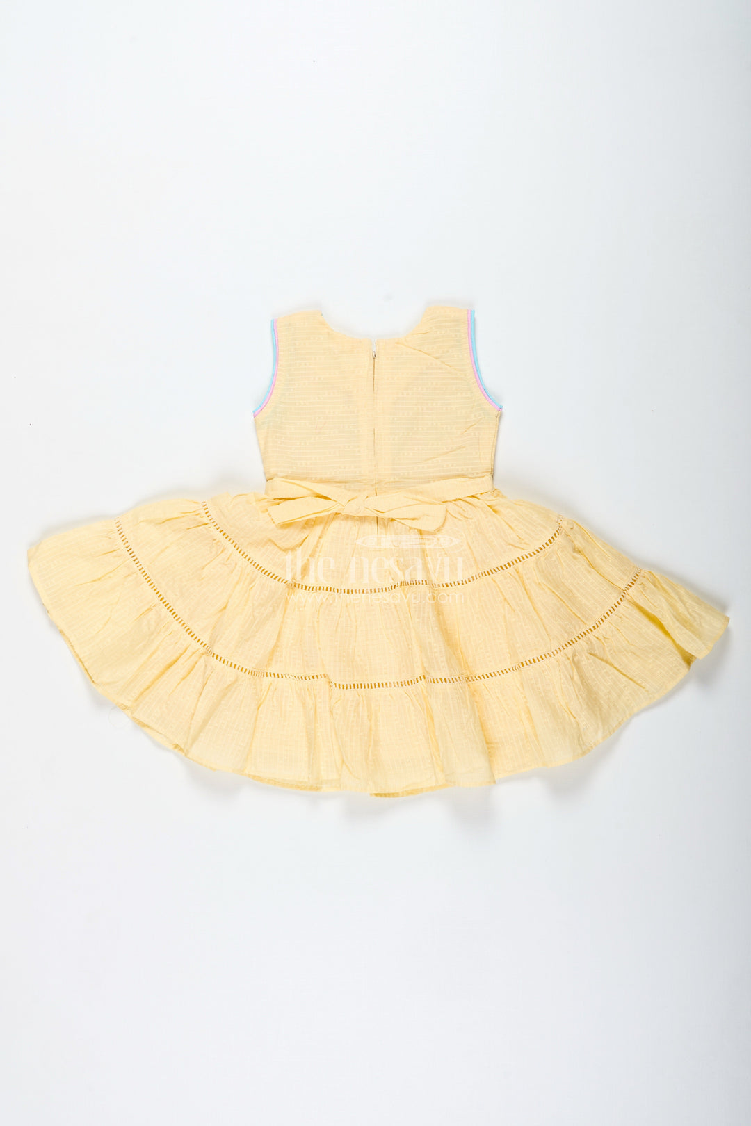 The Nesavu Girls Cotton Frock Yellow Cotton Frock for Toddler Girls with Floral Embroidery Nesavu Nesavu Yellow Cotton Frock Toddler Girls Sleeveless Dobby Dress Floral Embroidery