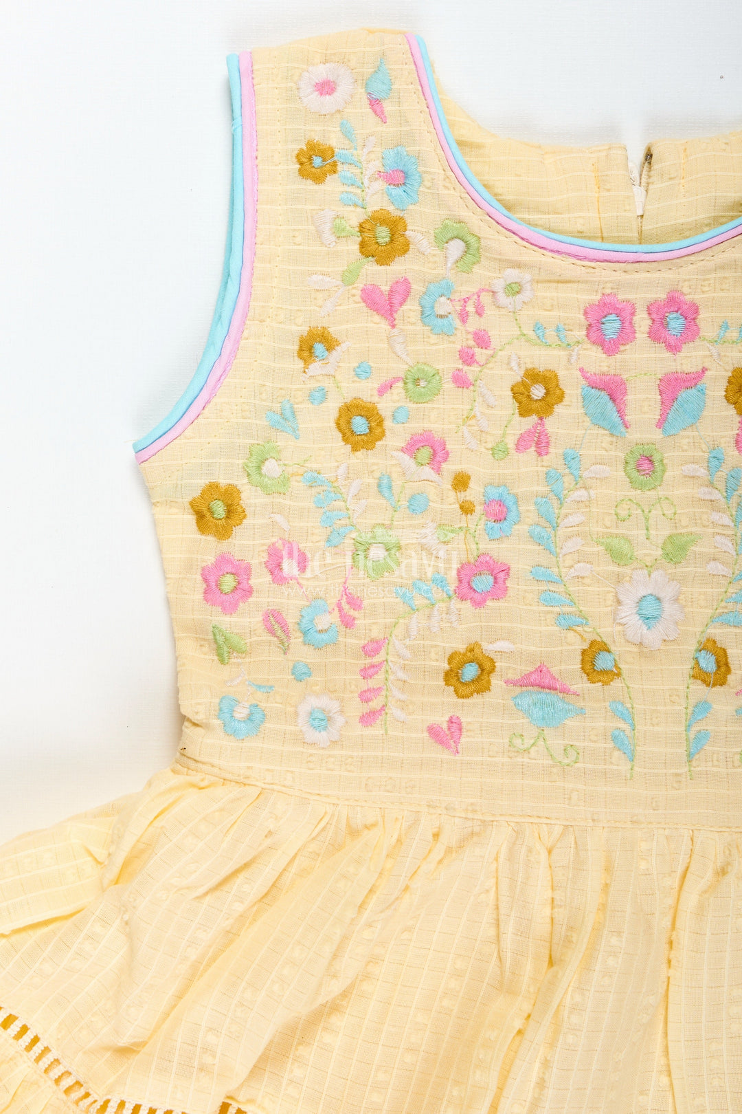 The Nesavu Girls Cotton Frock Yellow Cotton Frock for Toddler Girls with Floral Embroidery Nesavu Nesavu Yellow Cotton Frock Toddler Girls Sleeveless Dobby Dress Floral Embroidery