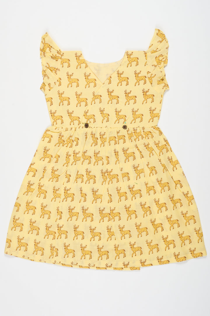 The Nesavu Baby Cotton Frocks Yellow Cotton Frock with Deer Print for Babies Adorable Outfit for Playful Days Nesavu 10 (NB) / Yellow BFJ681C-10 Nesavu Yellow Cotton Baby Frock Deer Print Comfortable Stylish Kids Wear