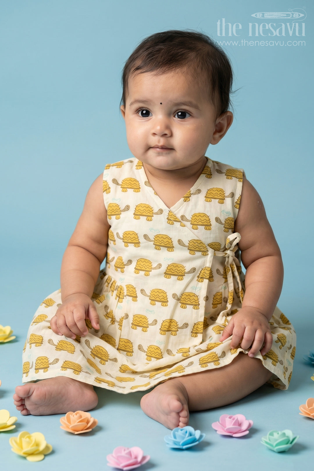 The Nesavu Baby Cotton Frocks Yellow Cotton Frock with Tortoise Print for Babies Lightweight and Breathable Summer Outfit Nesavu 10 (NB) / Yellow BFJ686B-10 Nesavu Yellow Cotton Baby Frock Tortoise Print Fun Comfortable Summer Outfit