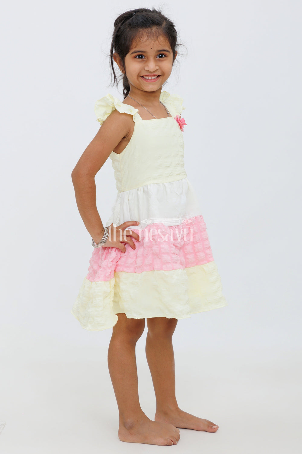 The Nesavu Baby Fancy Frock Yellow Cream and Pink Layered Baby Frock with Popcorn Fabric for Girls Nesavu Layered Yellow, Cream, and Pink Baby Frock with Popcorn Fabric for Girls Nesavu