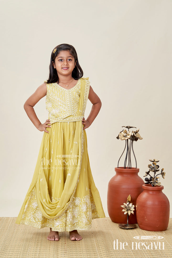 The Nesavu Girls Lehenga Choli Yellow Embroidered Lehenga Choli for Girls Nesavu 18 (2Y) / Green GL681B-18 Nesavu Mustard Yellow Lehenga Choli Set Girls Dupatta Floral Embroidery