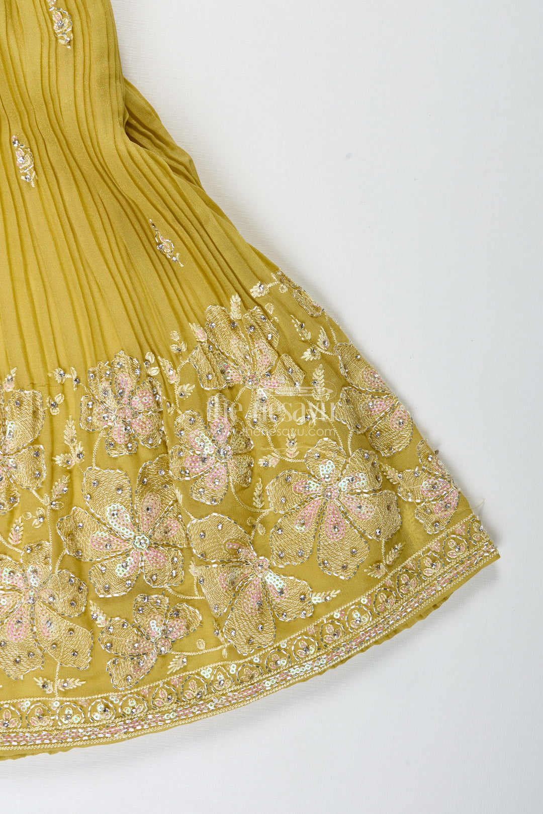 The Nesavu Girls Lehenga Choli Yellow Embroidered Lehenga Choli for Girls Nesavu Nesavu Mustard Yellow Lehenga Choli Set Girls Dupatta Floral Embroidery