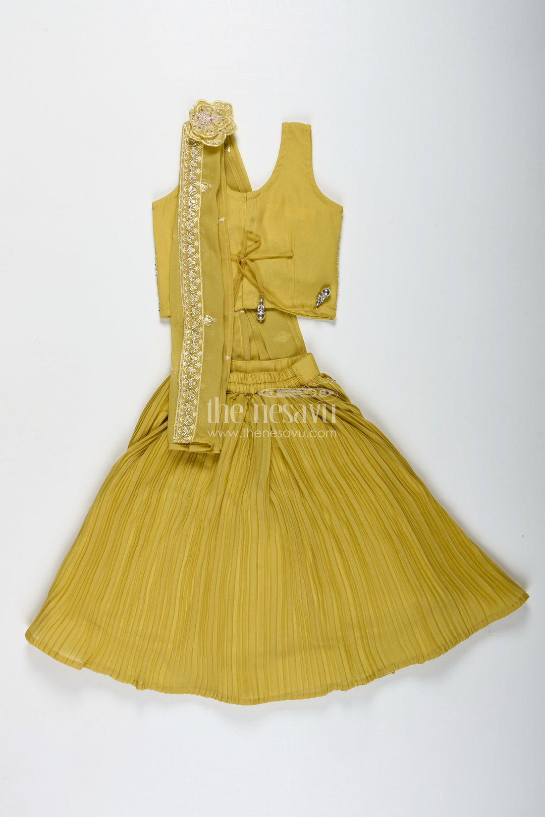 The Nesavu Girls Lehenga Choli Yellow Embroidered Lehenga Choli for Girls Nesavu Nesavu Mustard Yellow Lehenga Choli Set Girls Dupatta Floral Embroidery
