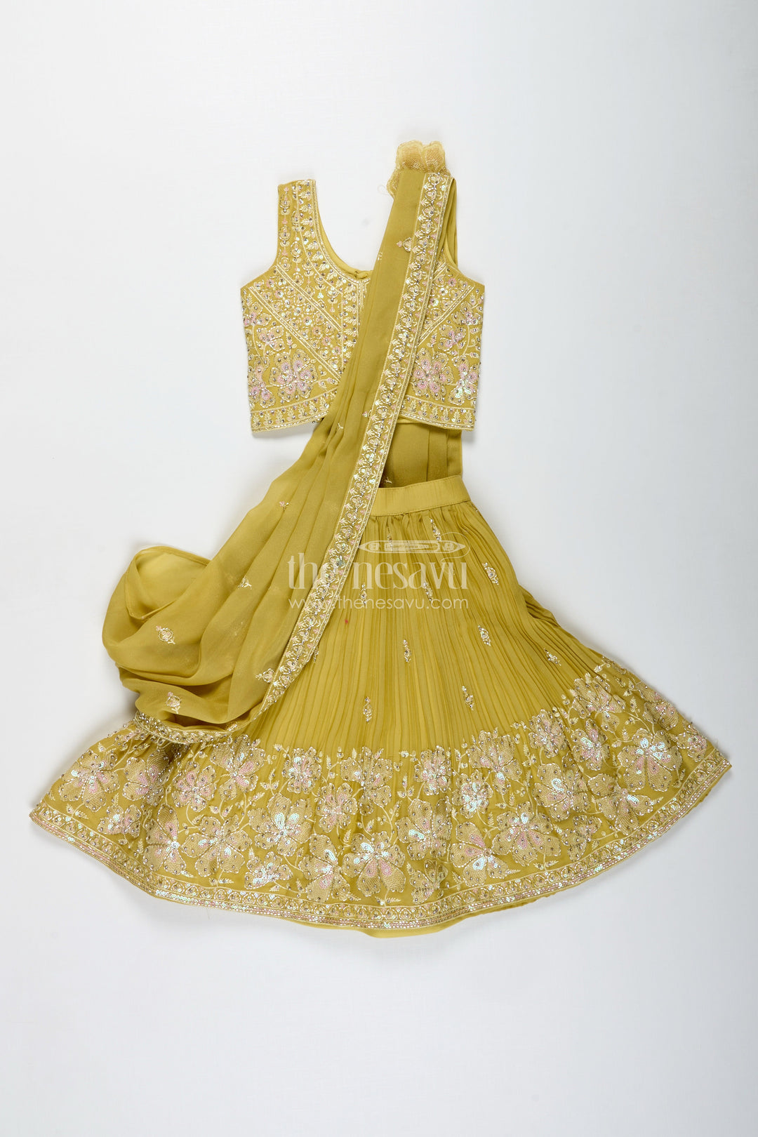 The Nesavu Girls Lehenga Choli Yellow Embroidered Lehenga Choli for Girls Nesavu Nesavu Mustard Yellow Lehenga Choli Set Girls Dupatta Floral Embroidery