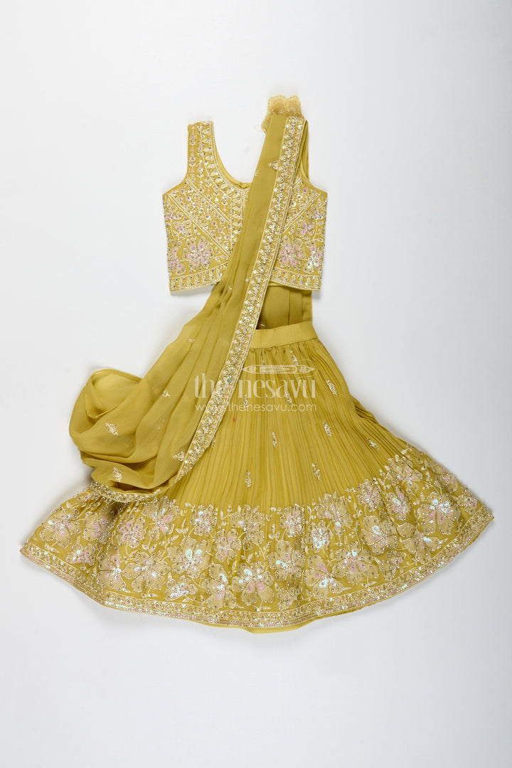 The Nesavu Girls Lehenga Choli Yellow Embroidered Lehenga Choli for Girls Nesavu Nesavu Mustard Yellow Lehenga Choli Set Girls Dupatta Floral Embroidery