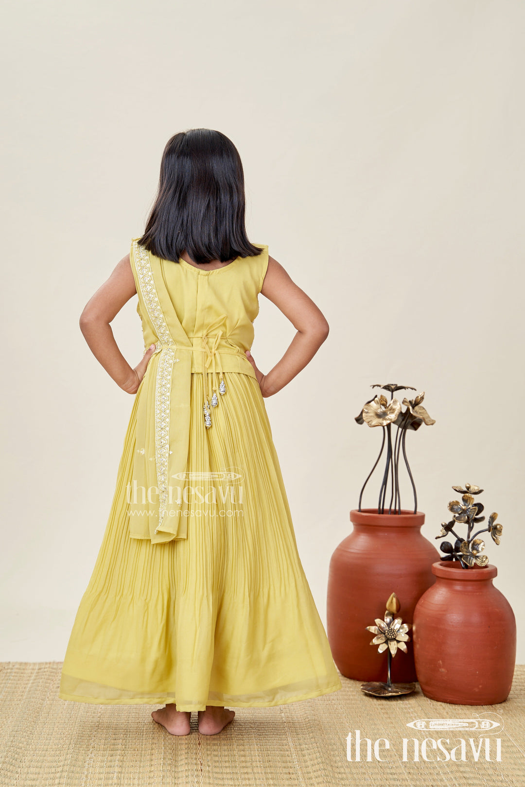 The Nesavu Girls Lehenga Choli Yellow Embroidered Lehenga Choli for Girls Nesavu Nesavu Mustard Yellow Lehenga Choli Set Girls Dupatta Floral Embroidery