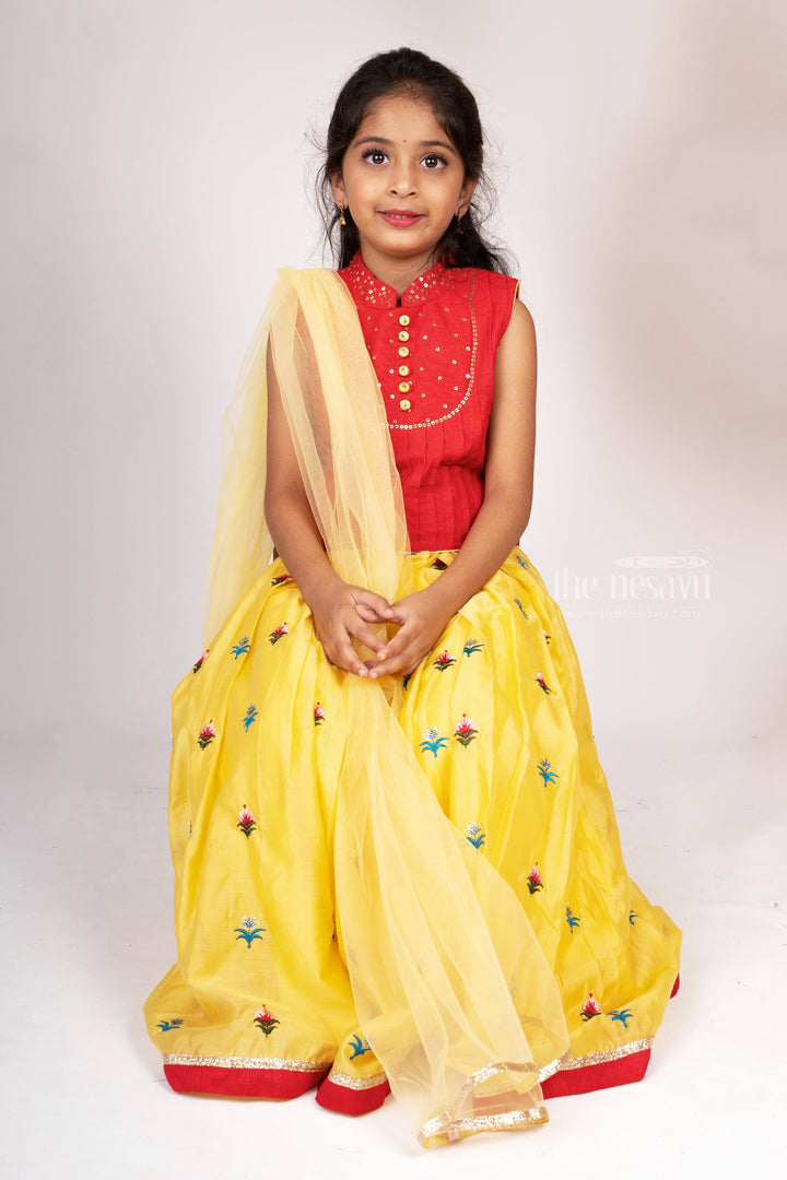 The Nesavu Girls Lehenga Choli Yellow Embroidery Lehenga With Red Pin-Tucked Collar Top Nesavu 14 (6M) / Yellow / Chanderi GL190-14 Crop Top Lehenga For Girls | Designer Party Wear Skirts | The Nesavu