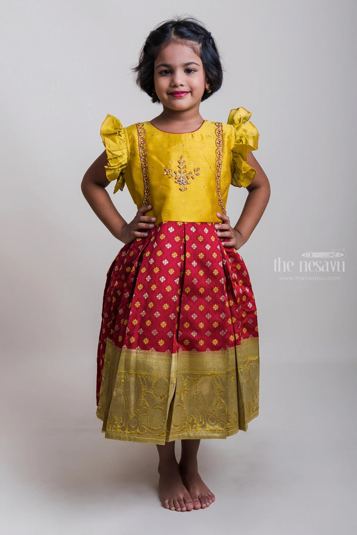 The Nesavu Silk Party Frock Yellow Embroidery Motif Yoke Semi-Silk Frock With Long Zari Border Nesavu 16 (1Y) / Maroon SF479A-16 Ruffled Sleeves Silk Frock Collection| Pongal Special Arrival| The Nesavu