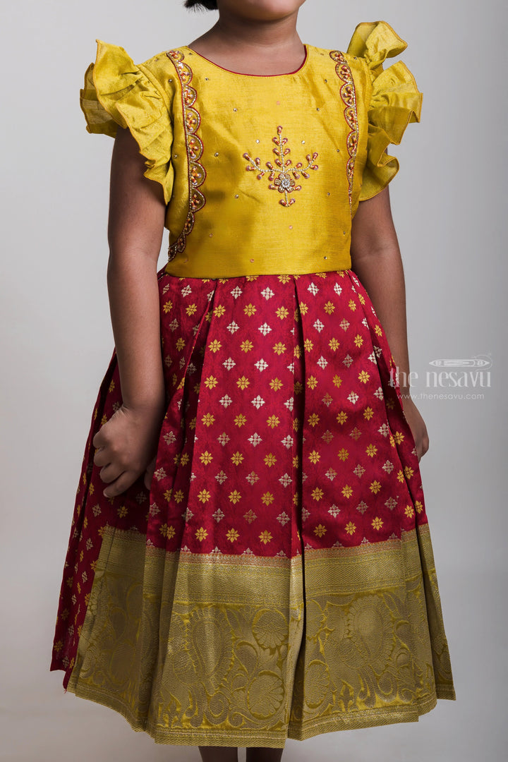 The Nesavu Silk Party Frock Yellow Embroidery Motif Yoke Semi-Silk Frock With Long Zari Border Nesavu Ruffled Sleeves Silk Frock Collection| Pongal Special Arrival| The Nesavu