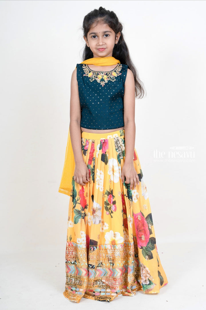 The Nesavu Lehenga & Ghagra Yellow Floral Embroidery Lehenga With Mid-Night Blue Crop Top For Baby Girls Nesavu 24 (5Y) / Yellow / Poly Crepe GL280-24 Georgette Festive Wear Lehenga For Girls | Stylish Traditional Ethnics | The Nesavu