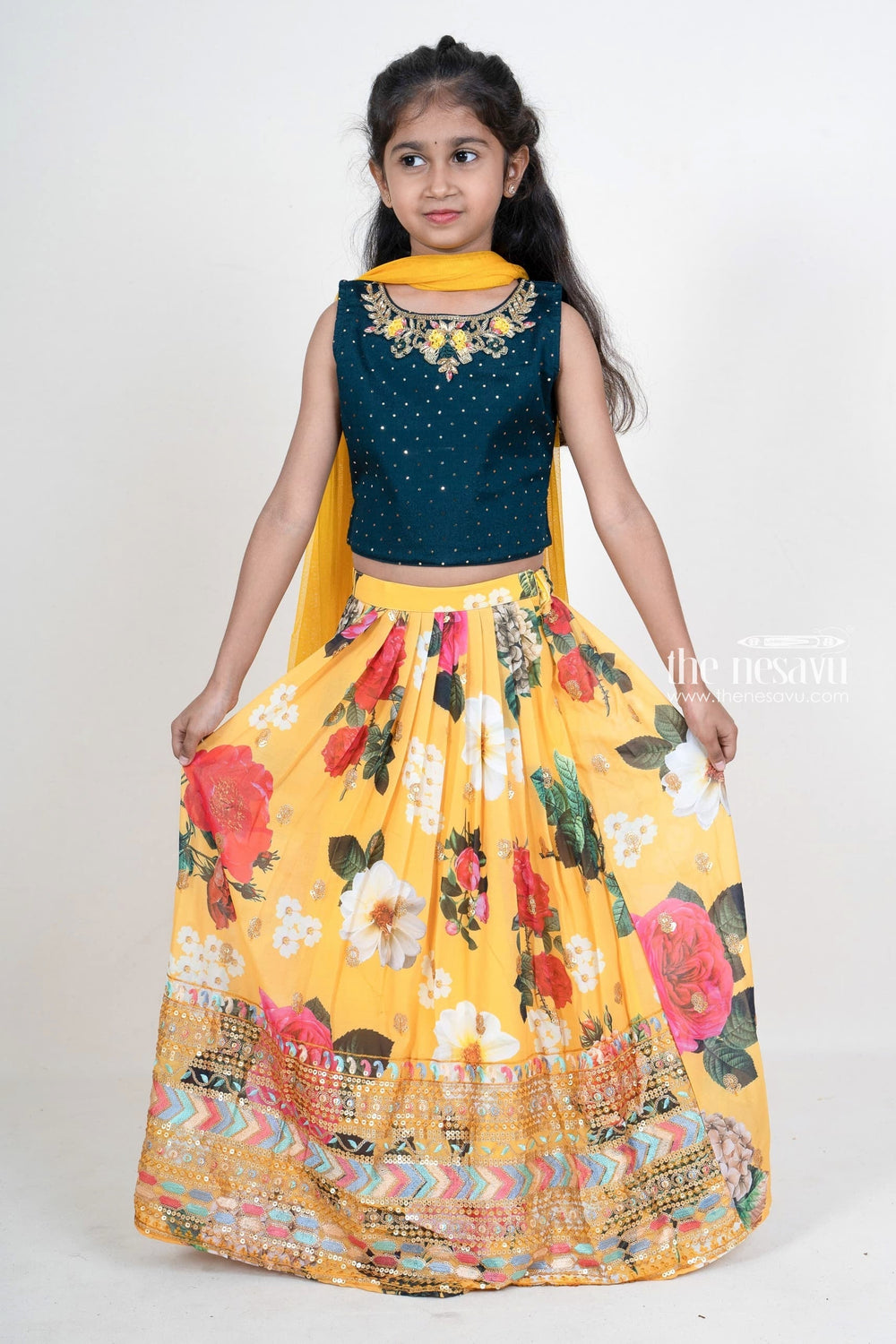 The Nesavu Lehenga & Ghagra Yellow Floral Embroidery Lehenga With Mid-Night Blue Crop Top For Baby Girls Nesavu Georgette Festive Wear Lehenga For Girls | Stylish Traditional Ethnics | The Nesavu