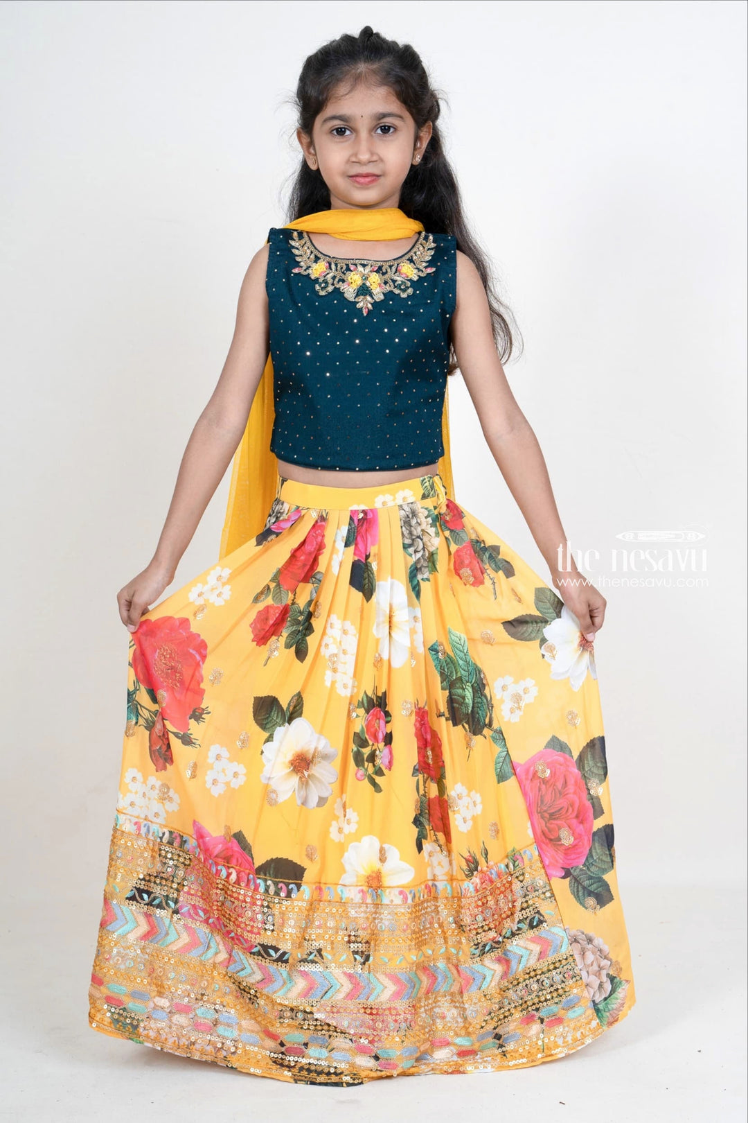 The Nesavu Lehenga & Ghagra Yellow Floral Embroidery Lehenga With Mid-Night Blue Crop Top For Baby Girls Nesavu Georgette Festive Wear Lehenga For Girls | Stylish Traditional Ethnics | The Nesavu