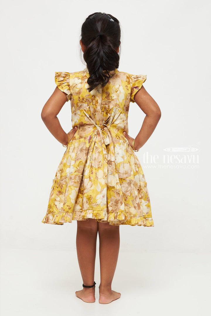 The Nesavu Girls Cotton Frock Yellow Floral Girls' Cotton Summer Dress with Flutter Sleeves Nesavu Nesavu Yellow Floral Cotton Summer Dress for Girls with Flutter Sleeves