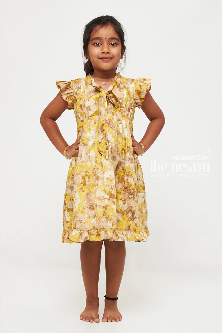 The Nesavu Girls Cotton Frock Yellow Floral Girls' Cotton Summer Dress with Flutter Sleeves Nesavu Nesavu Yellow Floral Cotton Summer Dress for Girls with Flutter Sleeves