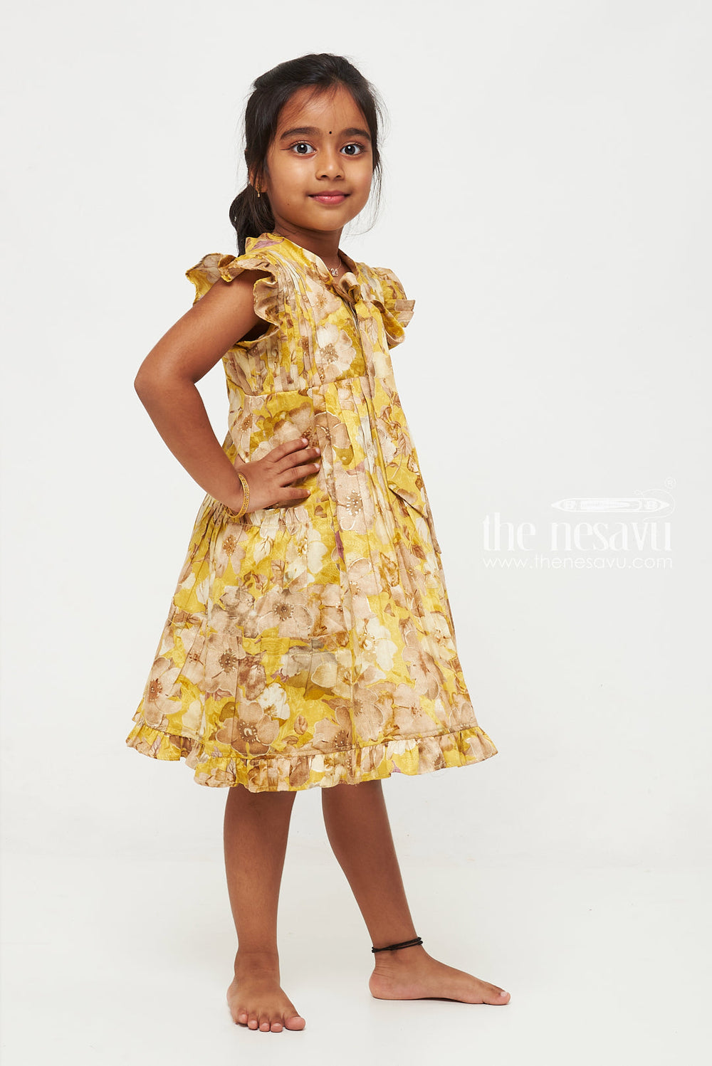 The Nesavu Girls Cotton Frock Yellow Floral Girls' Cotton Summer Dress with Flutter Sleeves Nesavu Nesavu Yellow Floral Cotton Summer Dress for Girls with Flutter Sleeves