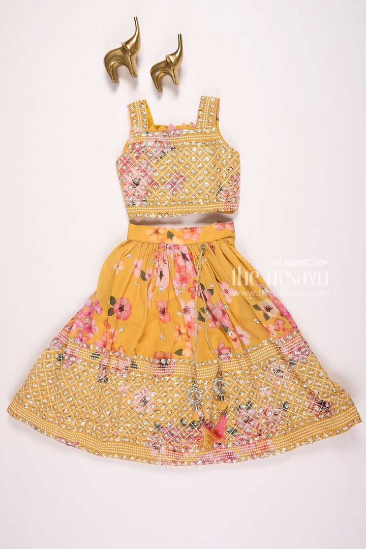 The Nesavu Girls Lehenga Choli Yellow Floral Lehenga Choli Set with Embroidery for Girls Nesavu 16 (1Y) / Yellow GL448A-16 Yellow Floral Lehenga Choli Set with Embroidery for Girls - Elegant & Festive