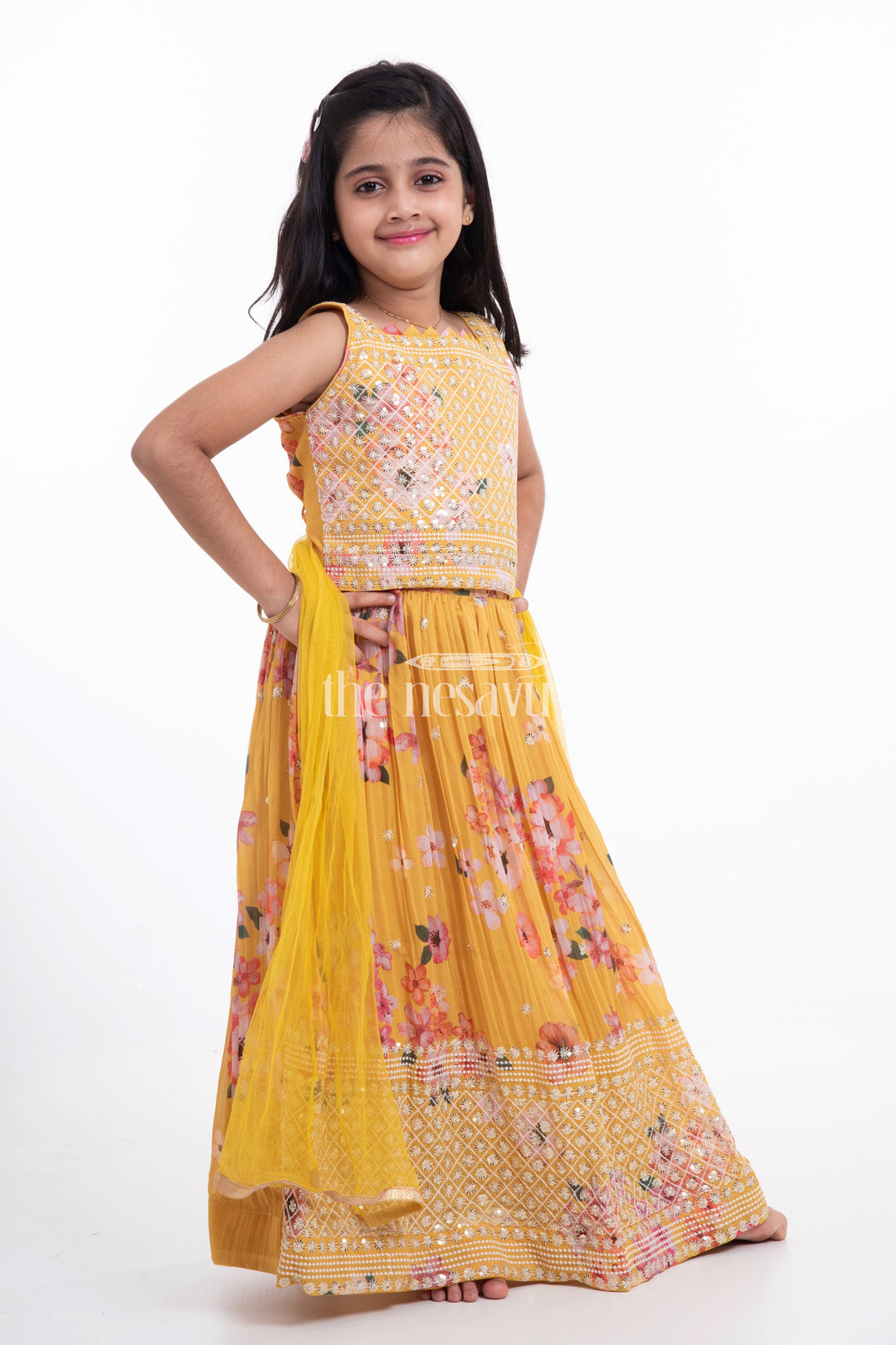 The Nesavu Girls Lehenga Choli Yellow Floral Lehenga Choli Set with Embroidery for Girls Nesavu Yellow Floral Lehenga Choli Set with Embroidery for Girls - Elegant & Festive | The Nesavu
