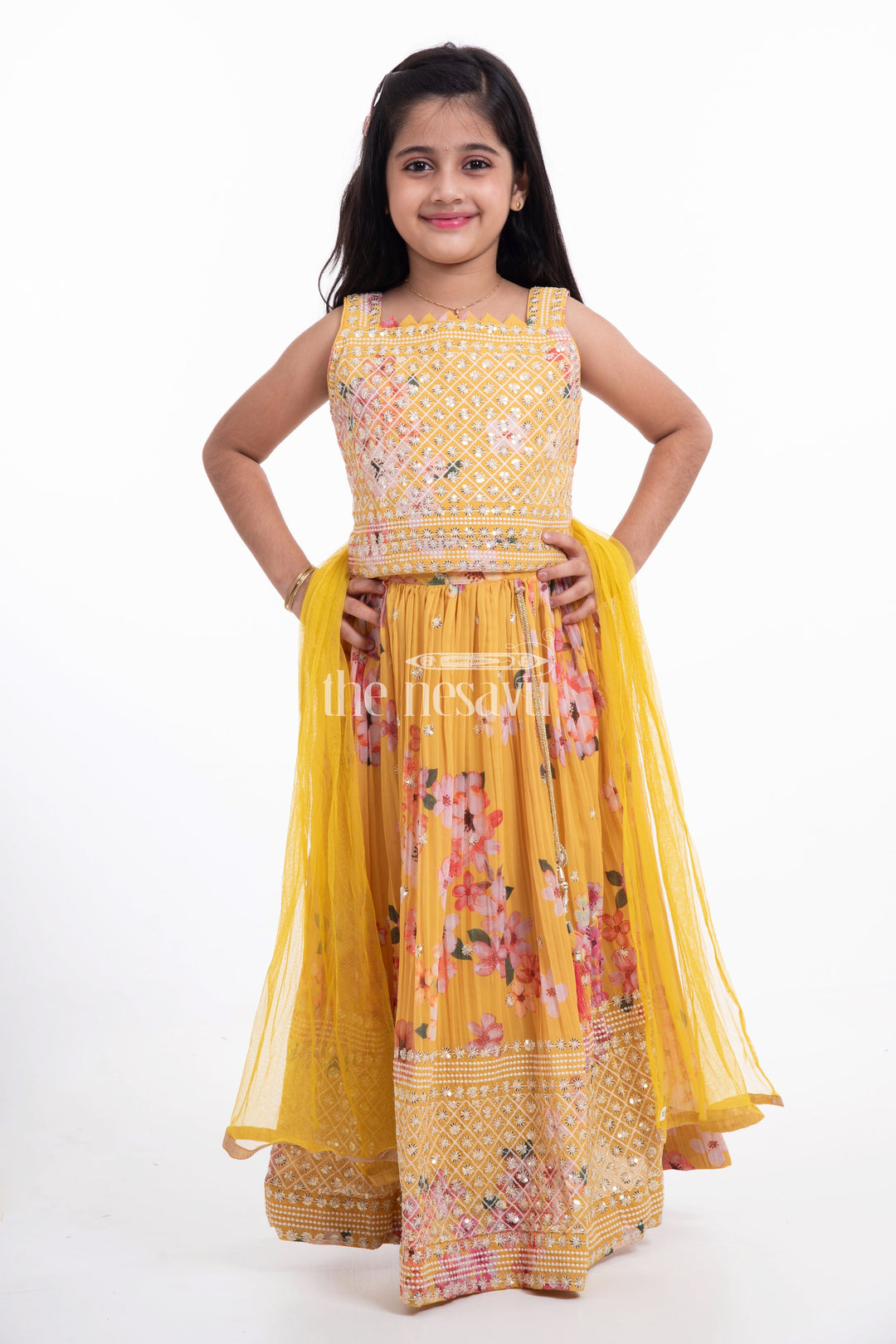 The Nesavu Girls Lehenga Choli Yellow Floral Lehenga Choli Set with Embroidery for Girls Nesavu Yellow Floral Lehenga Choli Set with Embroidery for Girls - Elegant & Festive | The Nesavu