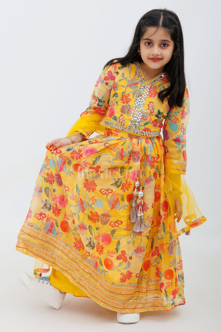 The Nesavu Girls Lehenga Choli Yellow Floral Printed Chinon Silk Lehenga Choli for Girls Nesavu 18 (2Y) / Yellow GL472A-18 Yellow Floral Chinon Silk Lehenga Choli Set for Girls - Nesavu