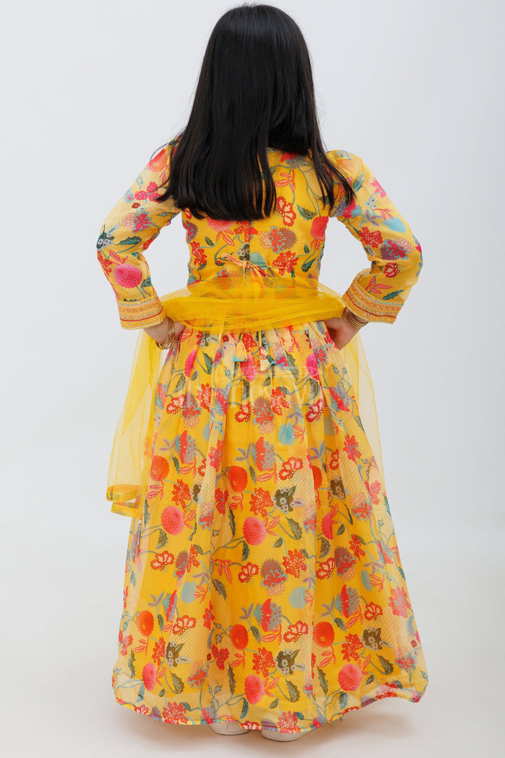 The Nesavu Girls Lehenga Choli Yellow Floral Printed Chinon Silk Lehenga Choli for Girls Nesavu Yellow Floral Chinon Silk Lehenga Choli Set for Girls - Nesavu