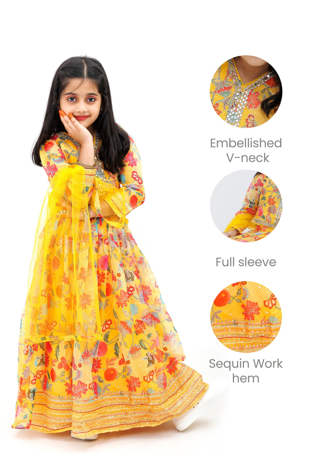 The Nesavu Girls Lehenga Choli Yellow Floral Printed Chinon Silk Lehenga Choli for Girls Nesavu Yellow Floral Chinon Silk Lehenga Choli Set for Girls - Nesavu